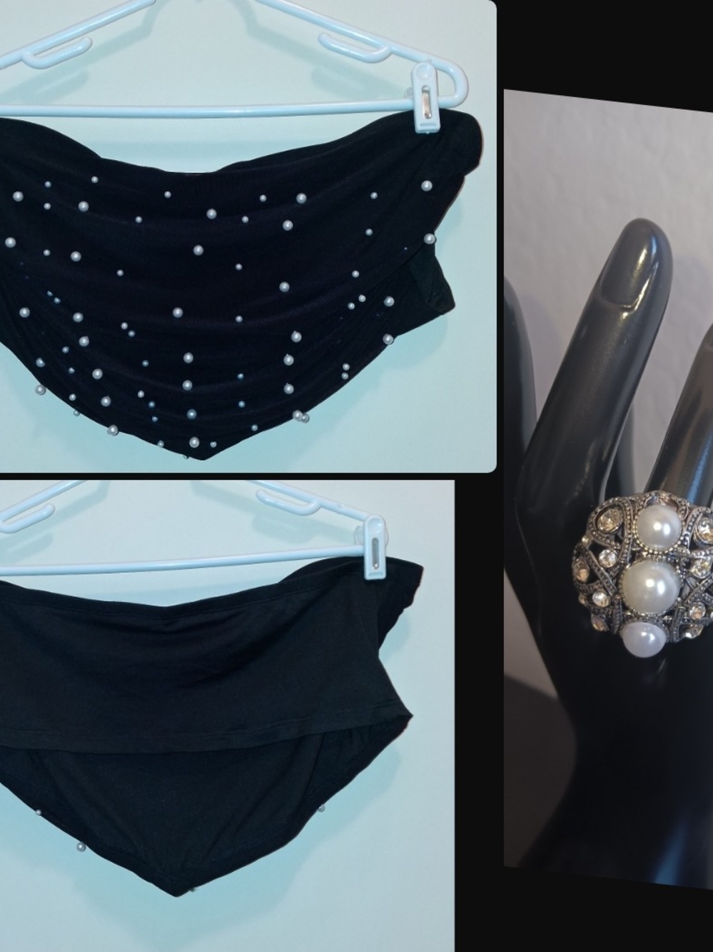 SHEIN Black Pearl-Studded Bandeau Crop Top Styled With FREE Statment Ring.